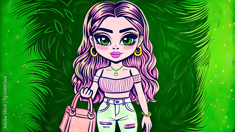 Stylized chic cartoon girl with pink hair on bright green fond perfect for trendy merchandise and youth-oriented designs Stylized chic cartoon girl with pink hair on bright green fond perfect for trendy merchandise and youth-oriented designs