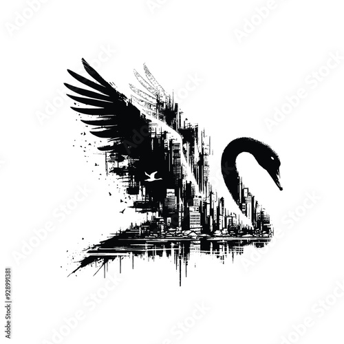 silhouette of Swan filled with destroyed futuristic dystopia environment in rough drawing