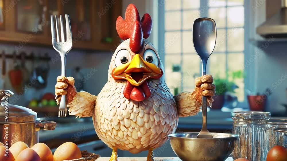 Video of a comical chicken character in a kitchen, humorously interacting with various cooking utensils and an egg. The animated scene is lighthearted, with the chicken clumsily handling kitchen