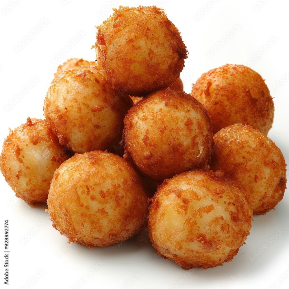 A stack of golden, fried cheese balls with crisp outer coatings, resting on a white surface. A stack of golden, fried cheese balls with crisp outer coatings, resting on a white surface.