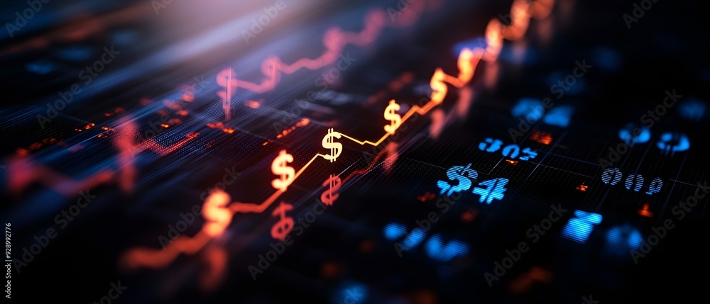 A dynamic financial chart featuring currency symbols, showcasing market trends with vibrant colors and data visualization. A dynamic financial chart featuring currency symbols, showcasing market trends with vibrant colors and data visualization.