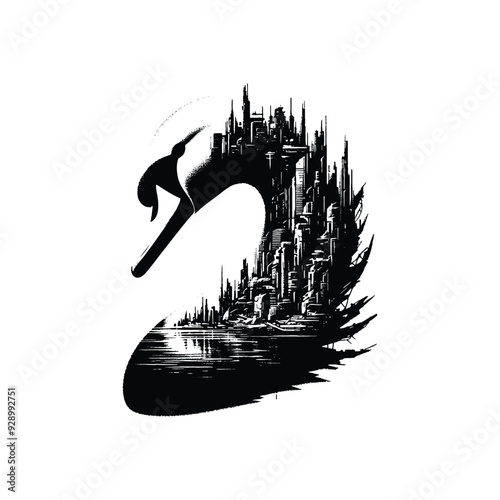 silhouette of Swan filled with destroyed futuristic dystopia environment in rough drawing