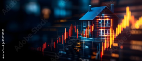 A digital representation of a house with financial graphs, symbolizing real estate market trends and investment opportunities.