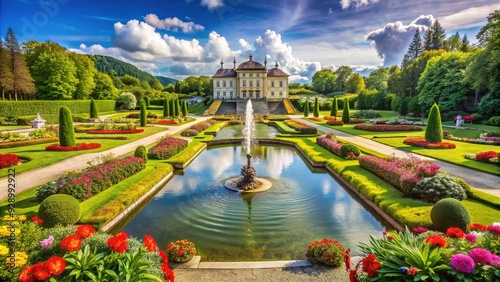 Majestic Baroque-style palace surrounded by lush greenery and vibrant flowers, with winding paths and serene water features in a tranquil, idyllic atmosphere. photo