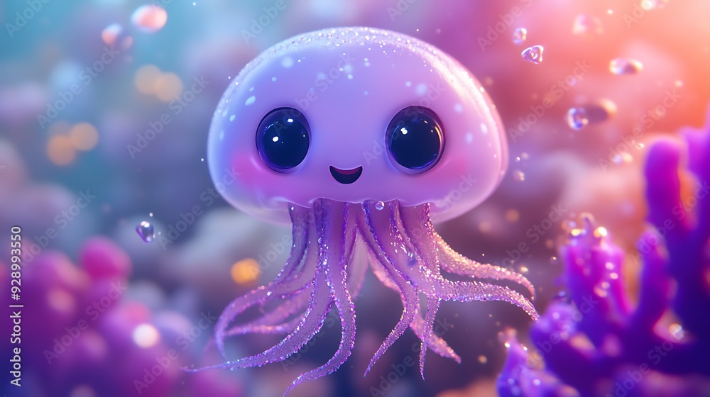 Enchanting Lavender Jellyfish Cartoon Character in a Magical Underwater World Enchanting Lavender Jellyfish Cartoon Character in a Magical Underwater World