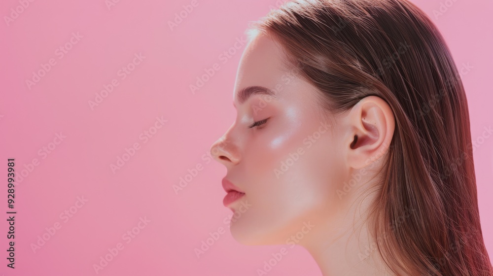 A young woman with glowing skin poses with her eyes closed against a soft pink background, portraying elegance, peace, and simplicity. A young woman with glowing skin poses with her eyes closed against a soft pink background, portraying elegance, peace, and simplicity.