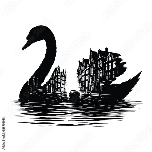 silhouette of Swan filled with ghetto street in rough drawing