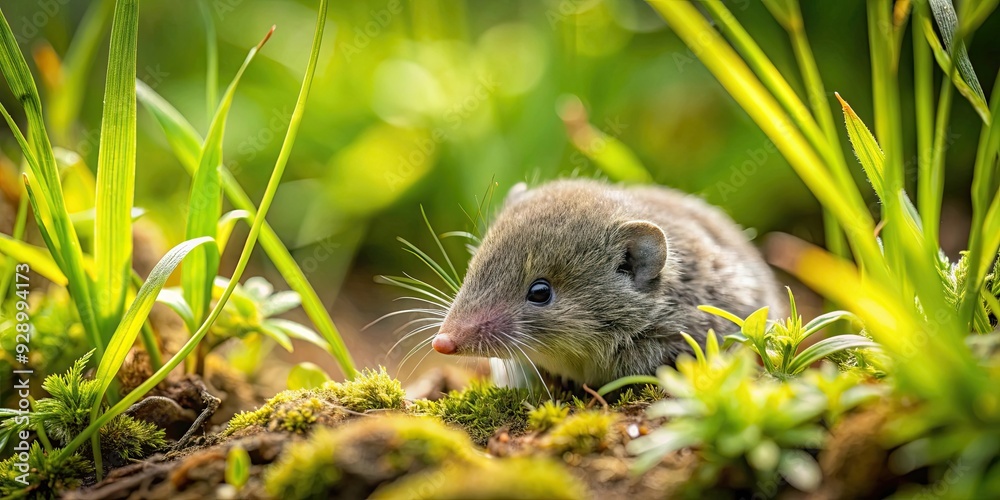 Shrew small rodent hiding under plants and grass in a field in northern Spain, shrew, rodent, small Shrew small rodent hiding under plants and grass in a field in northern Spain, shrew, rodent, small