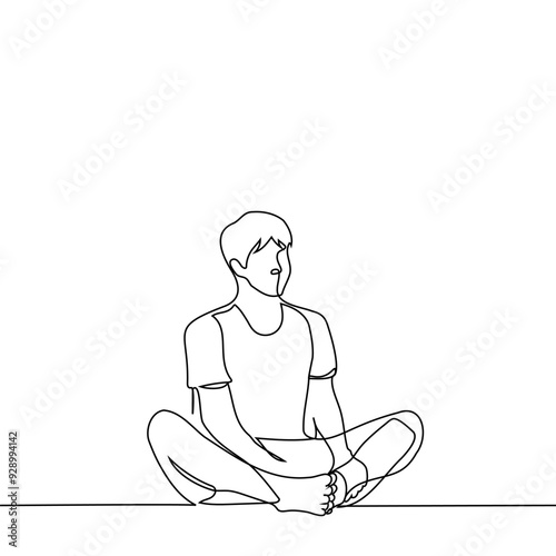 man sits on the floor with his feet next to each other - one line art vector. concept yoga pose, meditation