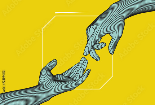 Hands reaching towards each other. Concept of human relation, togetherness or  partnership. 3D vector illustration. Can be used for advertising, marketing or presentation.