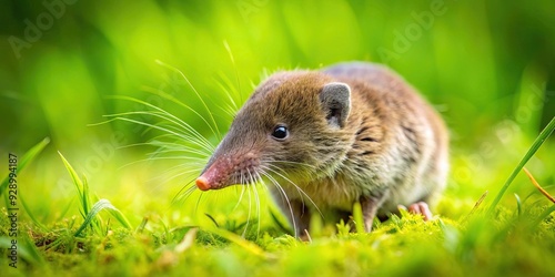 Etruscan shrew with whiskers and elongated snout in a green meadow resembling a mole, rodent, small, field, shrew