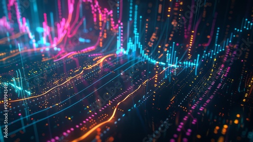 An abstract depiction of stock market trends with radiant neon lines and data points on a dark backdrop, representing financial growth.