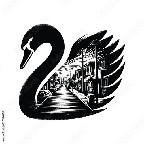 silhouette of Swan filled with ghetto street in rough drawing