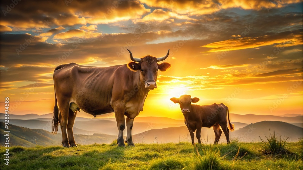 Majestic cow and calf stand together in tranquil rural landscape, their silhouetted forms outlined against a warm, golden sunset sky with rolling hills. Majestic cow and calf stand together in tranquil rural landscape, their silhouetted forms outlined against a warm, golden sunset sky with rolling hills.