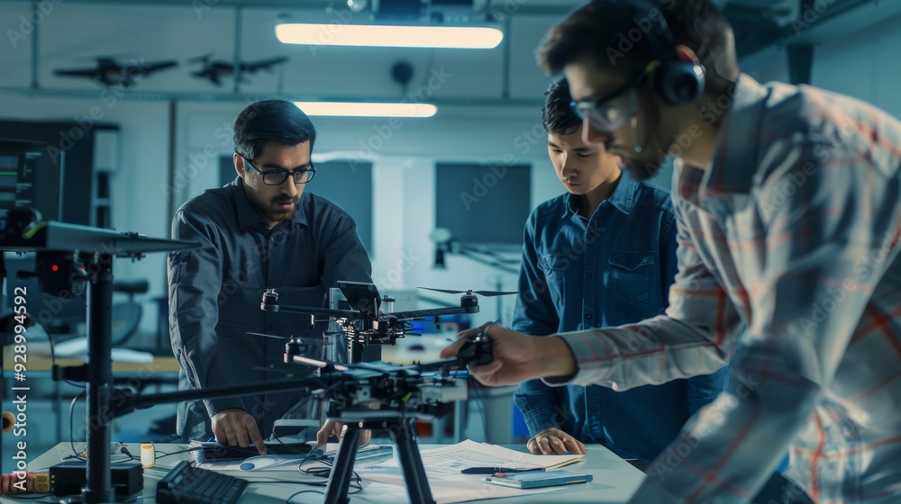 A focused team of engineers collaborates on drone technology in a high-tech lab, with one member adjusting a component on the drone. A focused team of engineers collaborates on drone technology in a high-tech lab, with one member adjusting a component on the drone.
