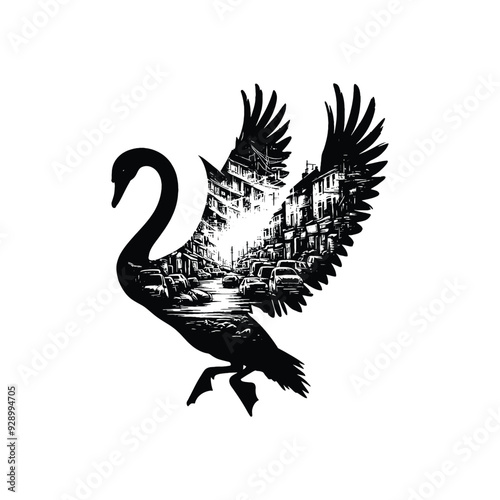 silhouette of Swan filled with ghetto street in rough drawing