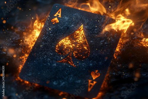 A glowing ace of spades card surrounded by flames, symbolizing risk and excitement in gambling. photo