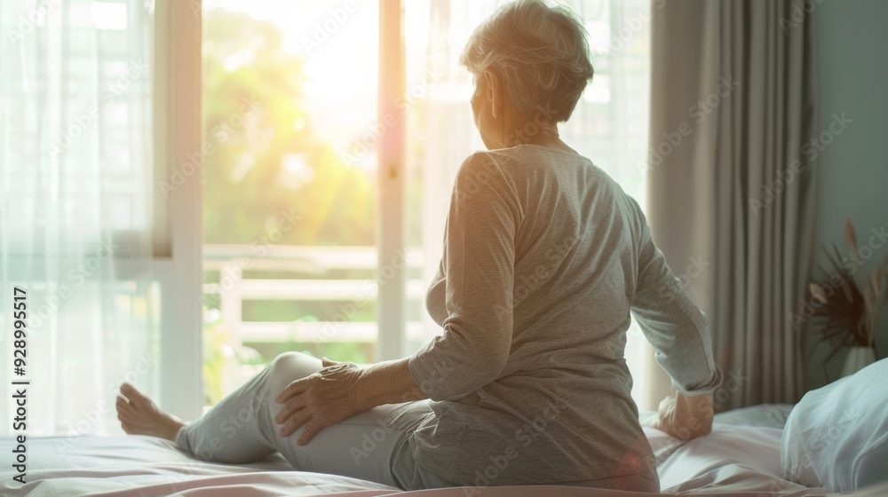 An elderly woman faces a bright window, seated on her bed, as the morning sunlight filters gently into the room, evoking a sense of peaceful reflection. An elderly woman faces a bright window, seated on her bed, as the morning sunlight filters gently into the room, evoking a sense of peaceful reflection.
