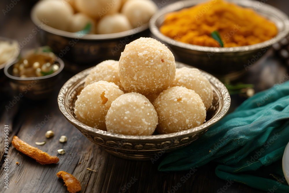Laddu and pedha dish on the Indian table traditional food Laddu and pedha dish on the Indian table traditional food