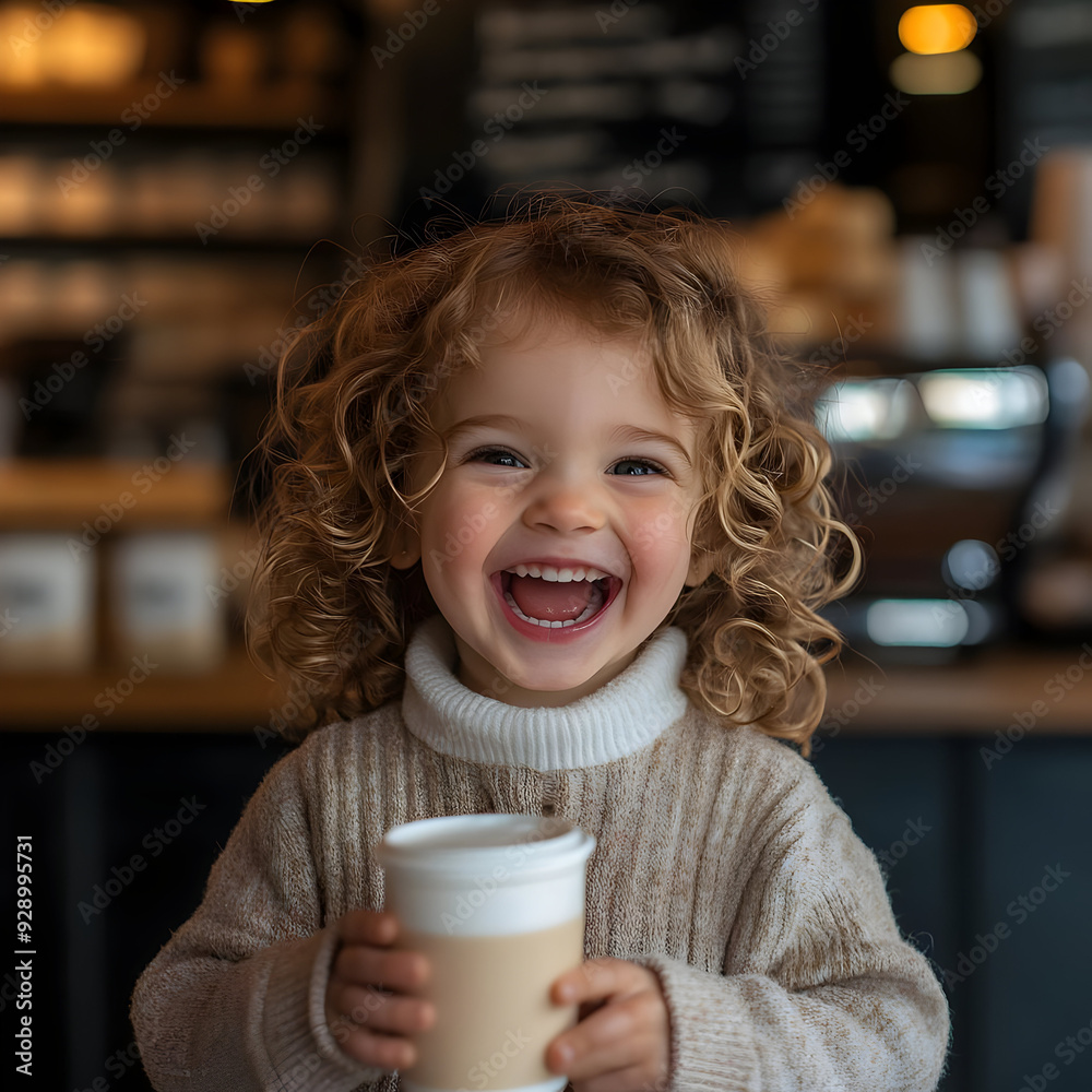 A joyful child with curly hair smiling while holding a coffee cup in a cozy cafe setting. A joyful child with curly hair smiling while holding a coffee cup in a cozy cafe setting.