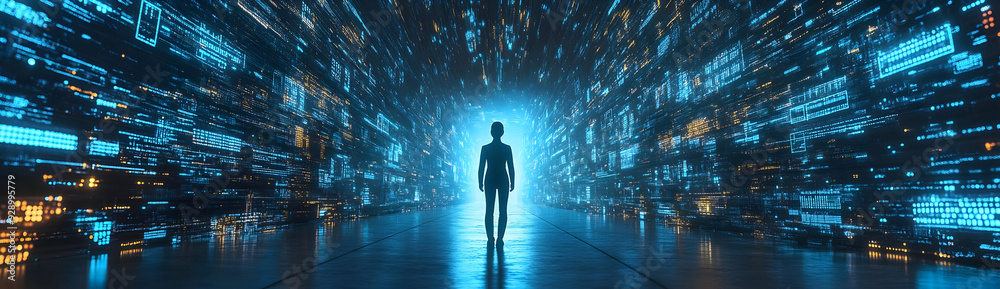 A lone figure stands illuminated in a futuristic digital landscape, symbolizing innovation and the future of technology. A lone figure stands illuminated in a futuristic digital landscape, symbolizing innovation and the future of technology.