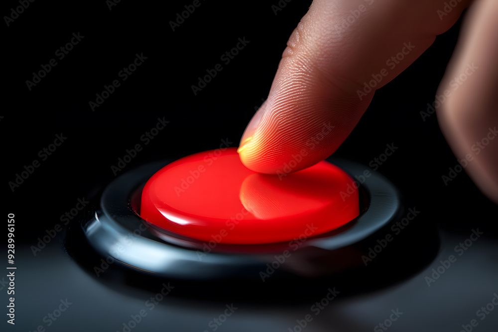 Hand pressing the glowing red button. 