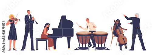 Symphony Orchestra With Musicians Playing Various Instruments Led By A Conductor Isolated on White, Vector Illustration