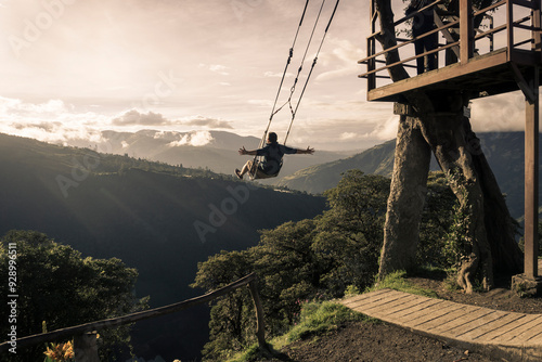 The End of the World swing up the mountains at La Casa del Árbol, Baños, Ecuador