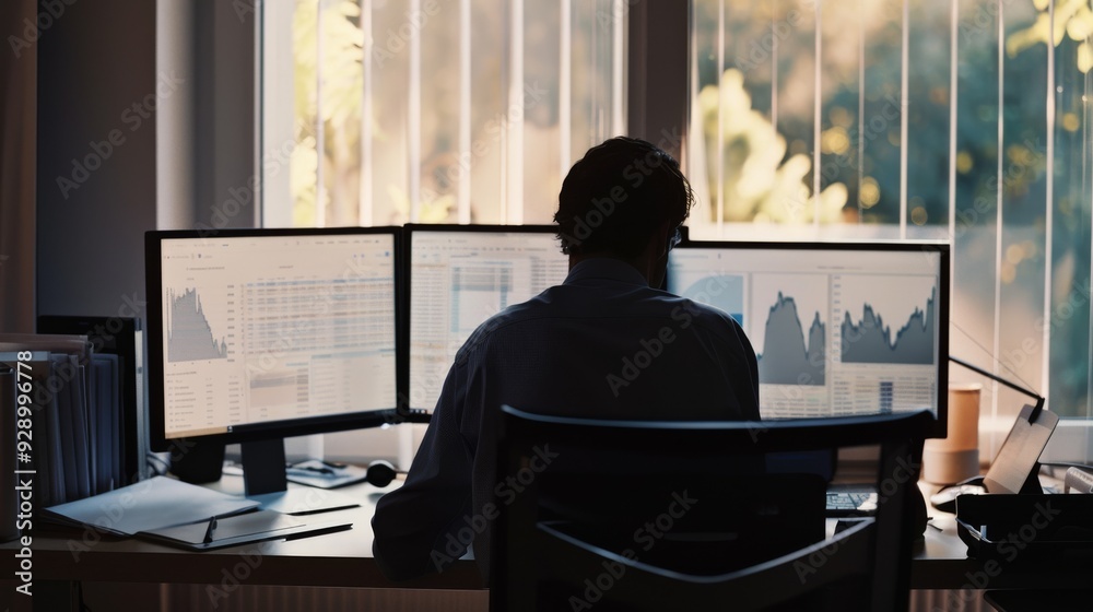 A man with back towards the camera sits at a desk with multiple computer screens displaying analytical data, in a room with natural light filtering through blinds. A man with back towards the camera sits at a desk with multiple computer screens displaying analytical data, in a room with natural light filtering through blinds.