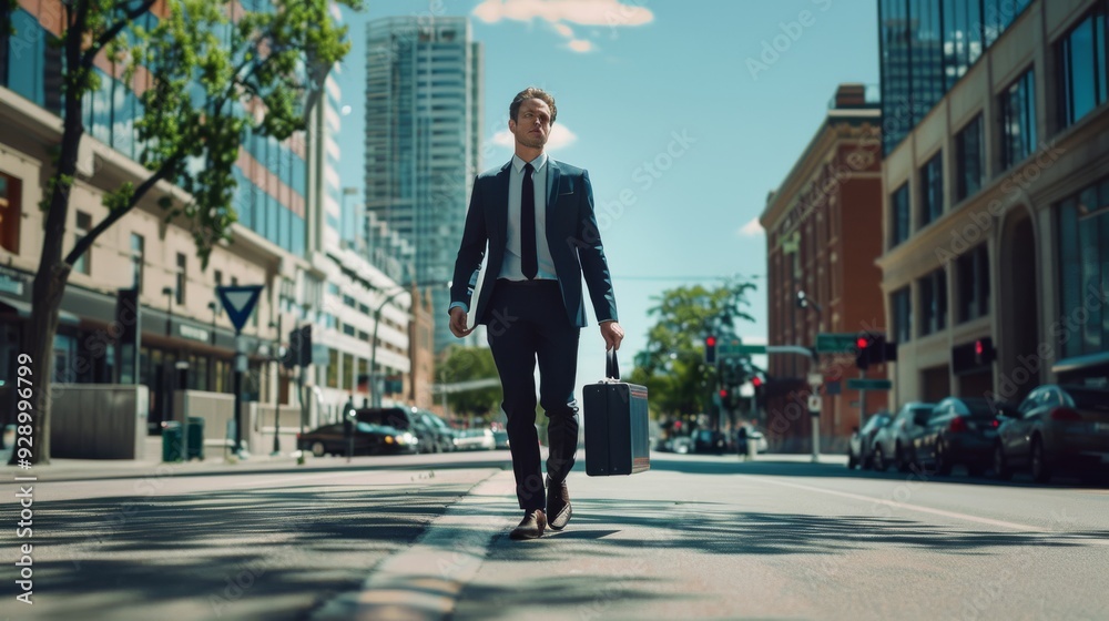 A suited man strides purposefully down an urban street, towing a rolling briefcase with modern high-rises in the background. A suited man strides purposefully down an urban street, towing a rolling briefcase with modern high-rises in the background.