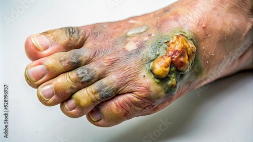 Closeup of foot with severe gangrene , gangrene, foot, disease, infection, medical, healthcare, amputation, necrosis, decay