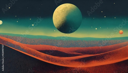 Moon profile  halftone pattern  editorial illustration of the memento morti  higly textured genre defining mixed media collage painting  fringe absurdism  award winning halftone pattern illustra