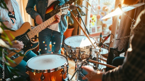 Band members playing guitars and drums in a sunlit room, exuding an energetic and collaborative vibe while creating music together.