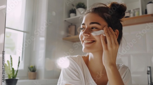 A young woman in a white shirt applies cream to her cheek, smiling radiantly in a bright, modern bathroom.