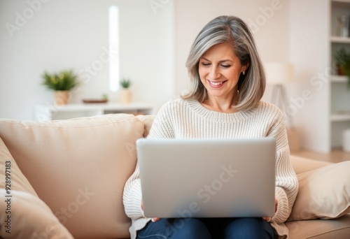 aged woman in a beige sweater working on a laptop at home in a cozy environment