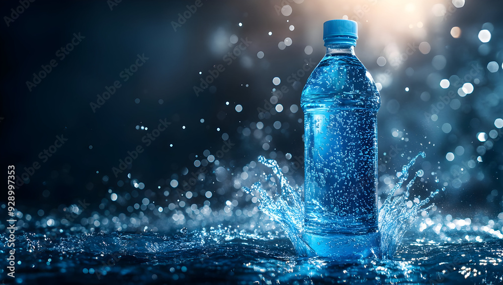 A refreshing water bottle with splashes, showcasing purity and hydration in a dynamic water setting. A refreshing water bottle with splashes, showcasing purity and hydration in a dynamic water setting.