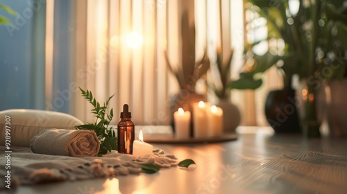 A serene spa setup with lit candles, essential oil bottles, and a rolled towel, perfect for relaxation. Sunlight streams in through tall windows, adding a warm glow.