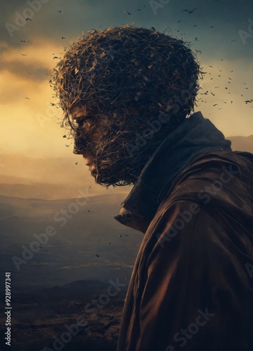 Creame una imagen que muestre la locura la depresion la esquizofrenia donde se vea desde una perspectiva que muestre la locura caras riendose un personaje depresivo sentado introvertido