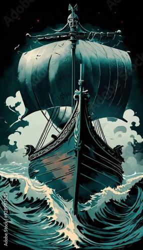 A digital illustration of a dramatic and intense scene featuring a viking ship at sea. the ship is intricately designed with norse engravings and is being led by a fierce viking warrior with glowing r