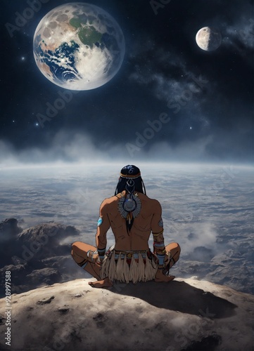 Taino indian on the moon looking at earth sitting on the ground with his back to the viewer and earth in front of him anime the ground is moon grey no headdress 8k high quality
