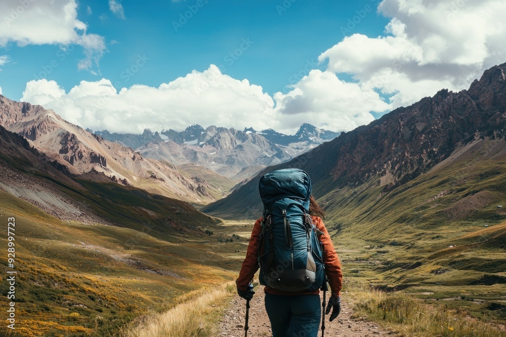 Hiker with trekking poles walking in mountain valley. Hiker with trekking poles walking in mountain valley.