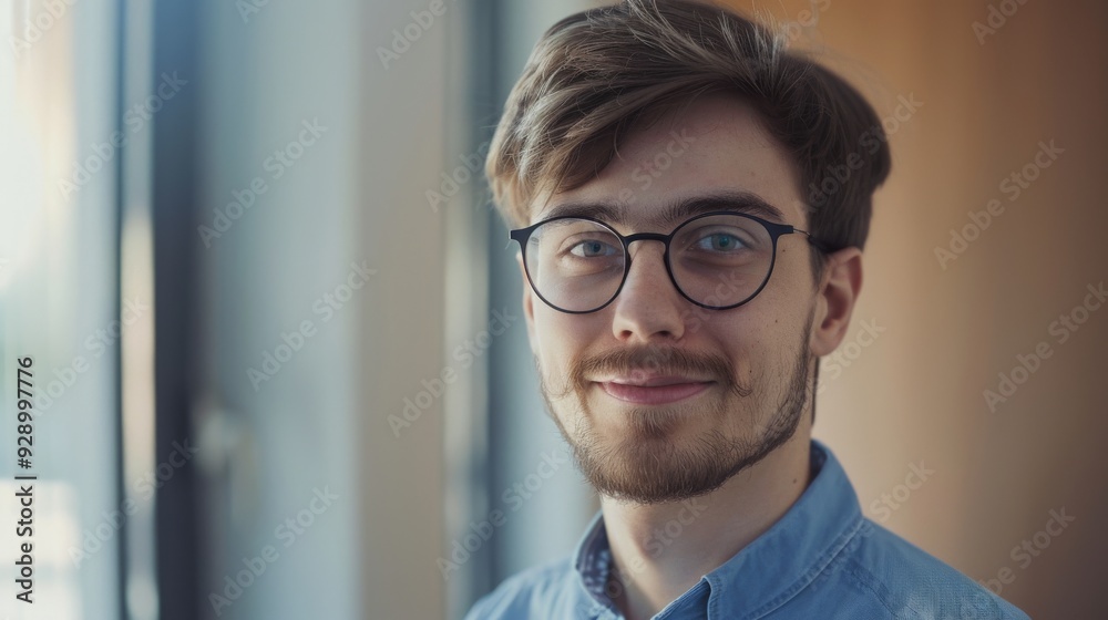 Young man with glasses and casual attire, smiling with a hint of sunlight filtering through a nearby window.