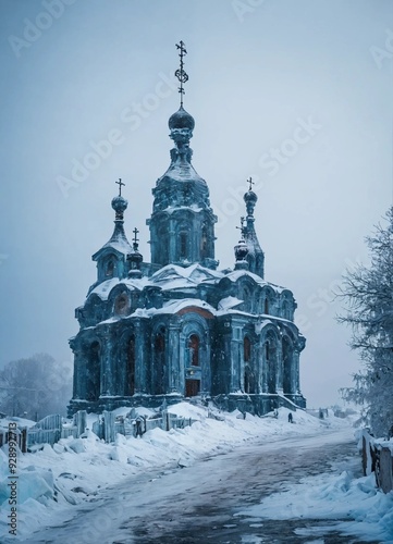 A huge orthodox church in a blizzard made of ice