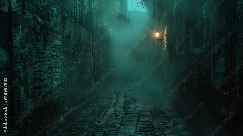 Fototapeta premium Foggy alley at night with a glowing lantern and eerie ambiance