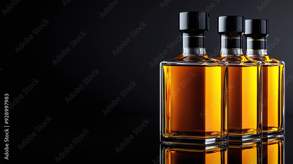 a set of three luxury liquor bottles with amber liquids, arranged in a row on a glossy black surface a set of three luxury liquor bottles with amber liquids, arranged in a row on a glossy black surface
