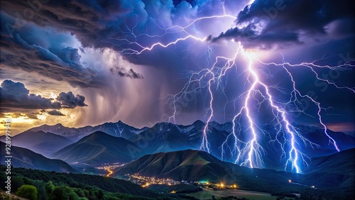 Powerful thunderstorm over the Caucasus mountains at night with lightning and thunder, thunderstorm, mountains photo