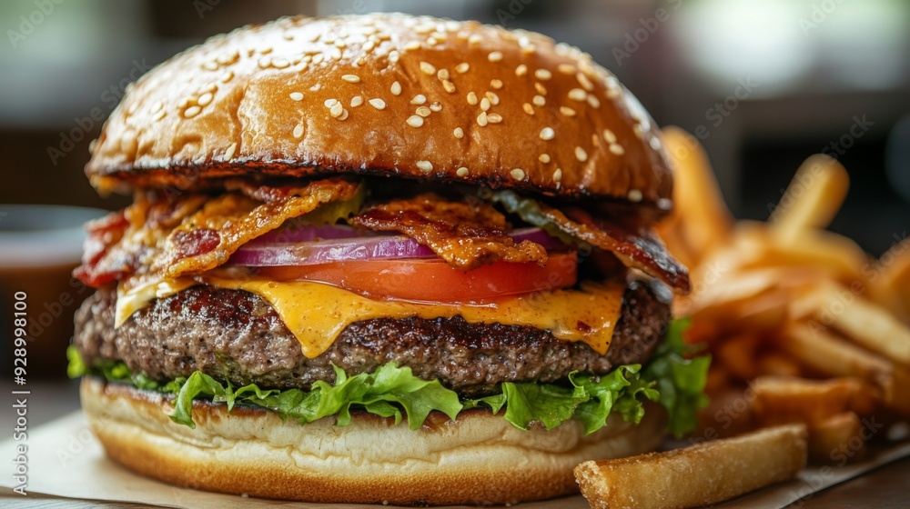 A delicious cheeseburger stacked with bacon, lettuce, onion, and tomato accompanied by golden fries. A delicious cheeseburger stacked with bacon, lettuce, onion, and tomato accompanied by golden fries.