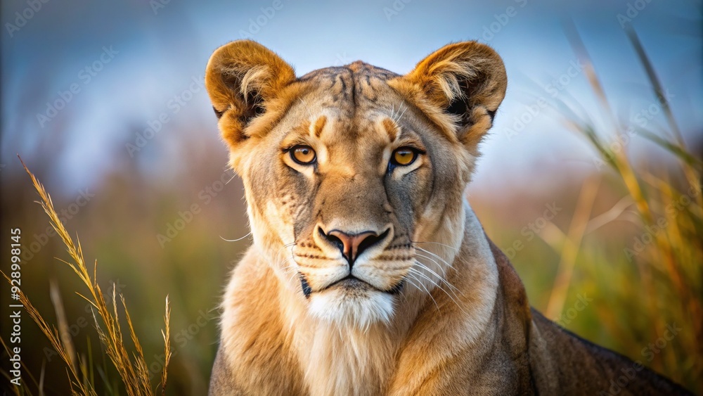 Obraz premium Majestic lioness with a regal gaze, her tawny fur and whiskers framing a powerful, relaxed face, exuding serenity in the savannah wild.