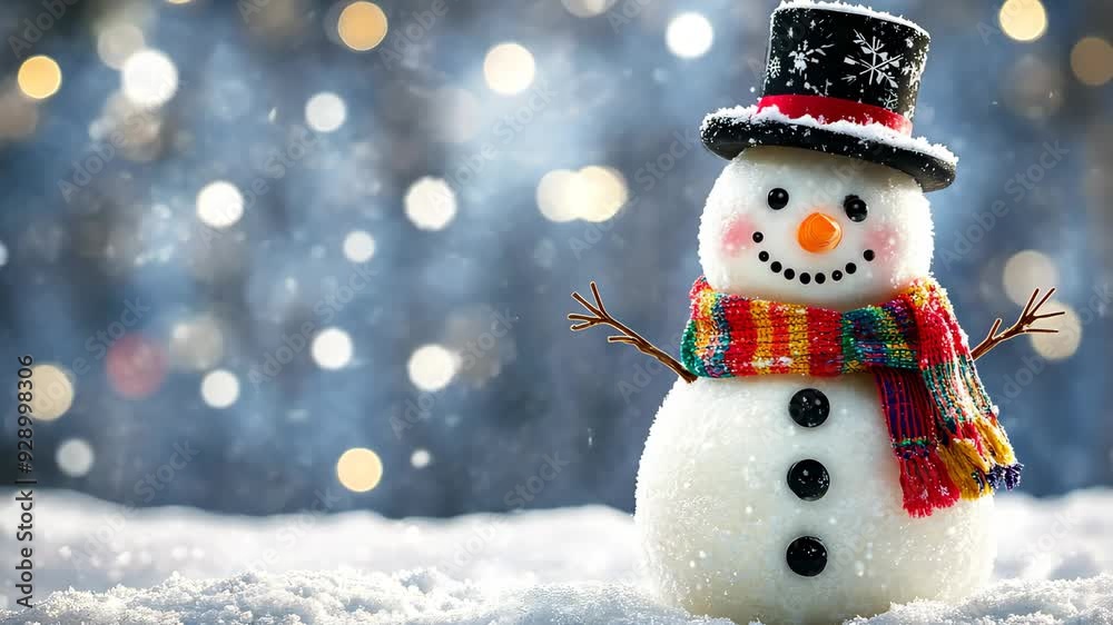 Snowman wearing a top hat and scarf standing in falling snow Snowman wearing a top hat and scarf standing in falling snow