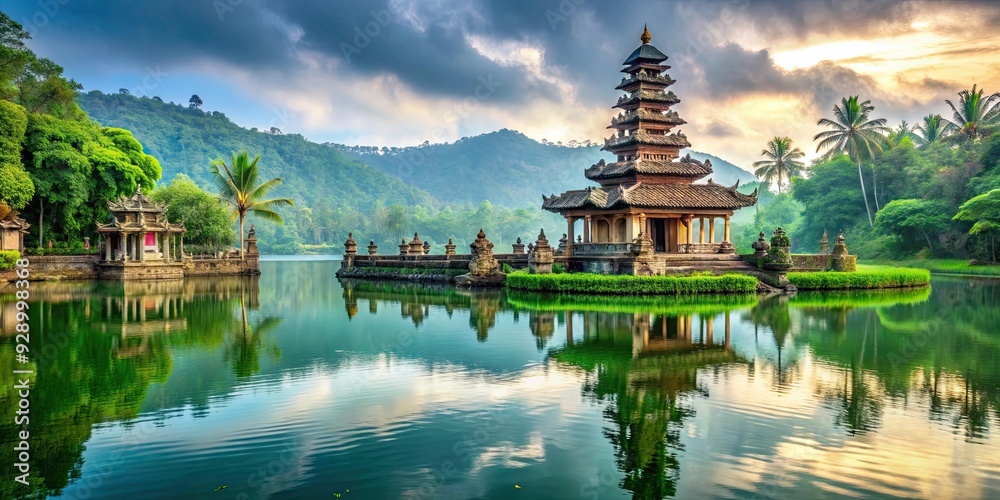 Majestic water temple surrounded by lush greenery and tranquil waters, spiritual, architecture, ancient, serene Majestic water temple surrounded by lush greenery and tranquil waters, spiritual, architecture, ancient, serene